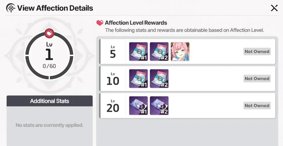 Affection details: level progress, additional stats when unlocked, and milestone rewards