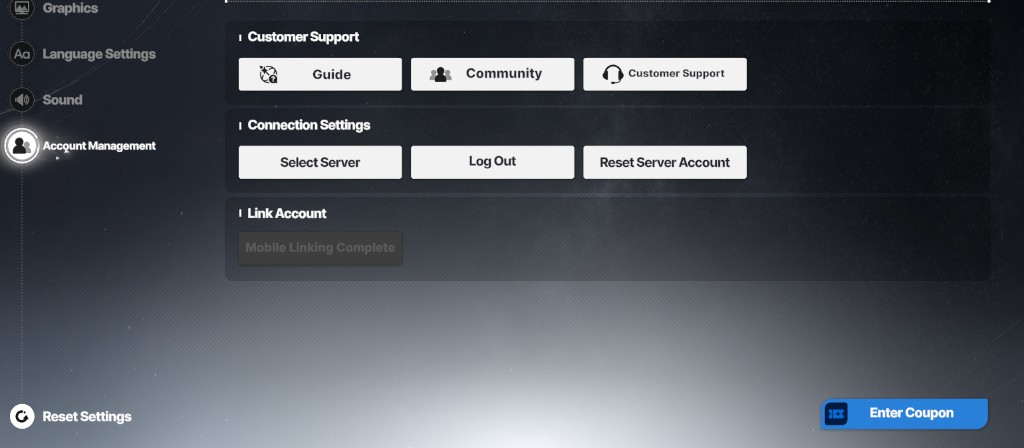 Star Savior settings: Account Management tab with Enter Coupon button highlighted at the bottom right