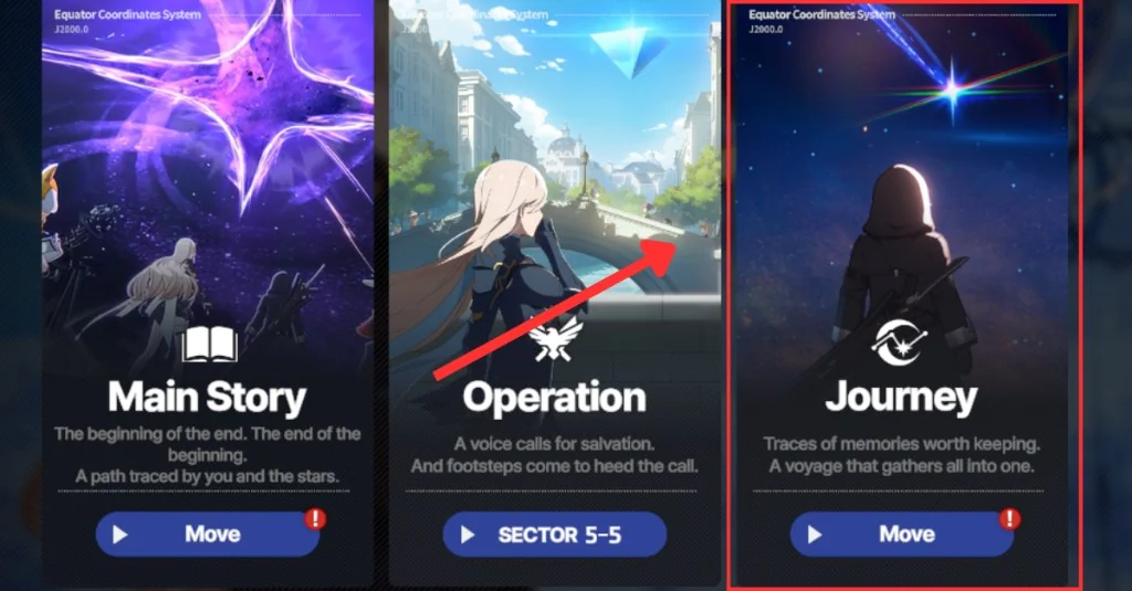 Star Savior mode select: Main Story, Operation, and Journey cards for Relief Journey / Stella Archives