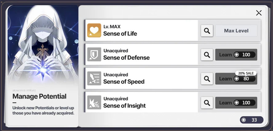 Manage Potential screen: unlock or level passives — Sense of Life (maxed), Sense of Defense, Speed with sale discount, and Sense of Insight with Learn costs in Potential Points