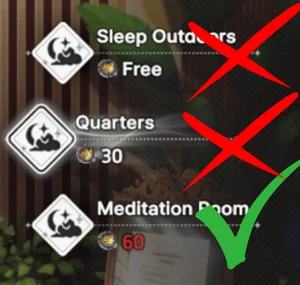 Rest options: Sleep Outdoors (free), Quarters, and Meditation Room — prefer Meditation Room for energy and mood