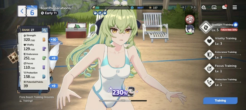 Summer camp at Flora Beach Training Grounds: Trial Preparations with Flora — Strength training highlighted with a thumbs-up; stats show a large Strength bonus and Focus gains for Accuracy-style growth