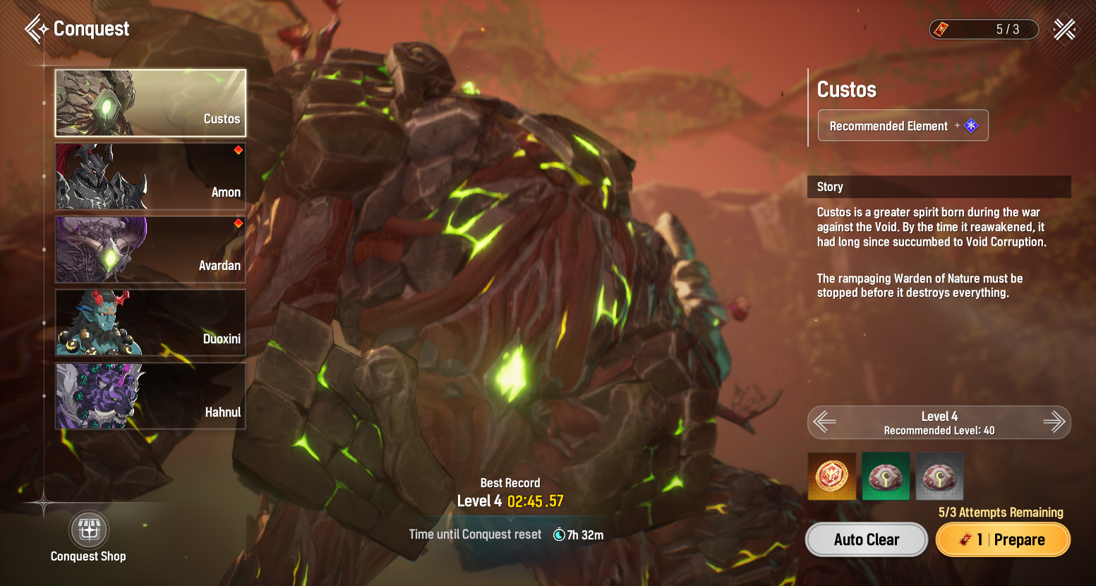 Conquest boss screen with difficulty, rewards, and Prepare using Conquest Entry Tickets