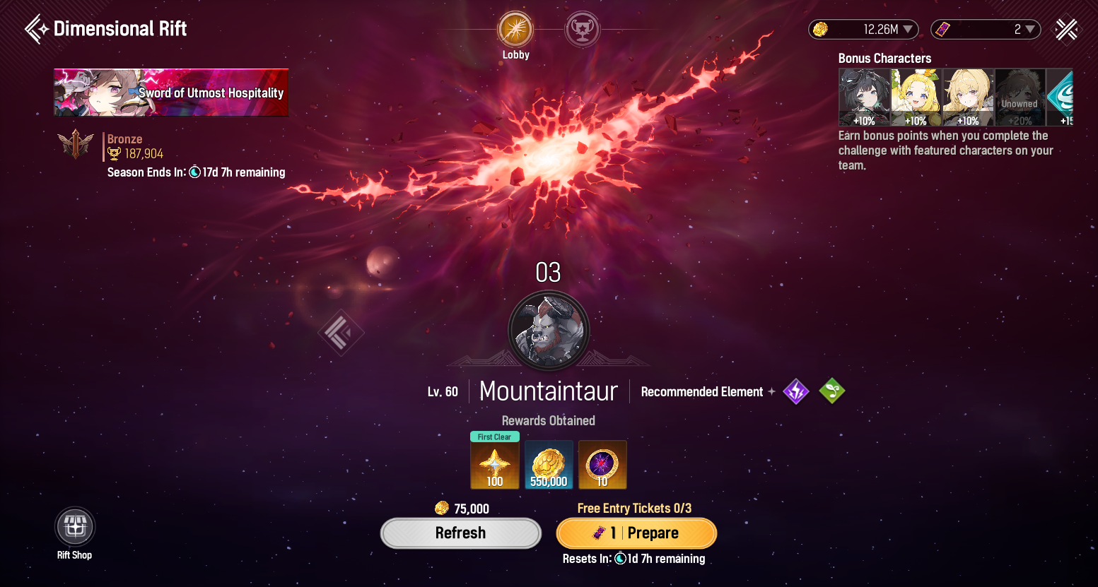 Dimensional Rift stage with Rift Entry Tickets, bonus characters, and weekly reset timer