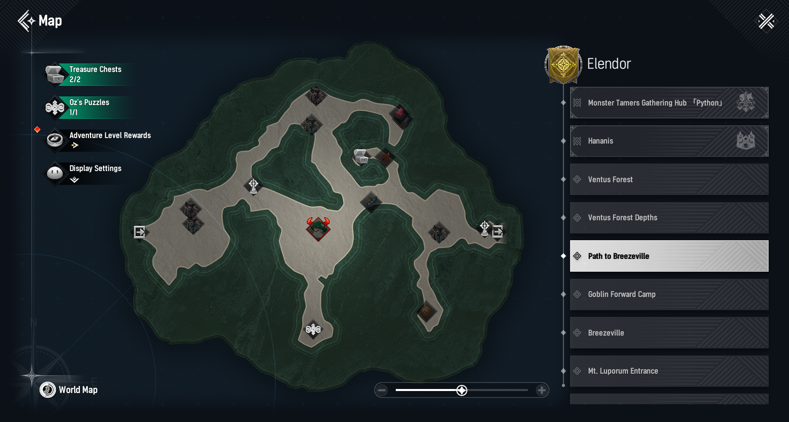 World map of Elendor with paths, chest progress, and location list