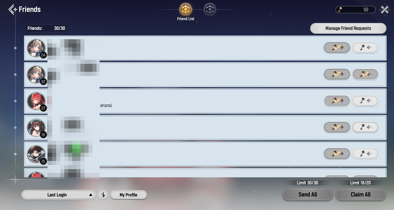 Friends list with Send Key and Claim Key actions and daily send/receive limits