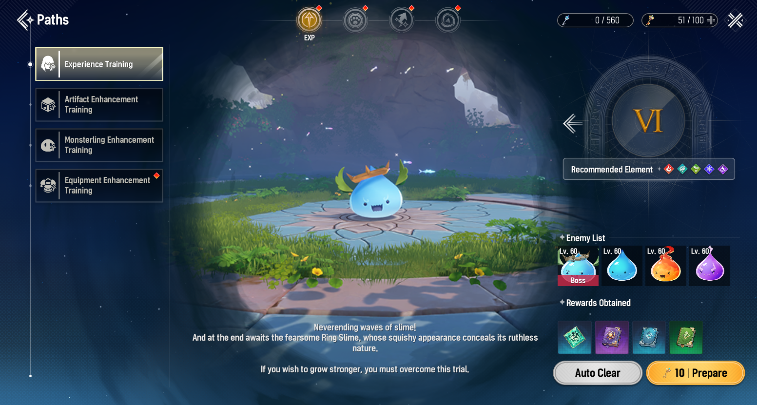 Paths menu showing EXP training, stage selection, and Keys (stamina) cost per run