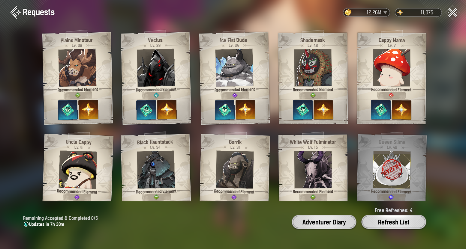 Requests board with monster bounties, rewards, and daily accept limit